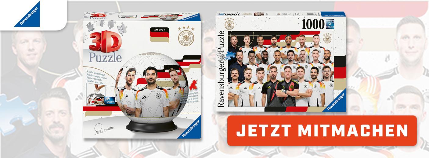 Gewinne eins von sechs Bundles mit einem 3D Puzzleball und dem 1.000 Teile DFB-Mannschaftspuzzle von Ravensburger