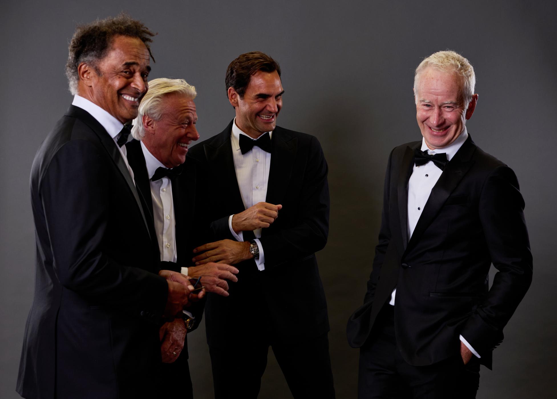 Yannick Noah, Bjorn Borg, Captain of Team Europe, Roger Federer und John McEnroe, Captain of Team World