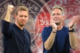 Eine Fotomontage: Die Trainer Julian Nagelsmann und Kasper Hjulmand stehen vor den Logos der beiden Fußballverbände